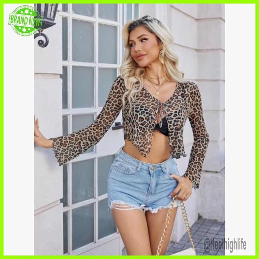 Sheer Mesh Shrug Bolero Tie Front Bell Sleeve Cropped Cardigan Coverup - Picture 3 of 5